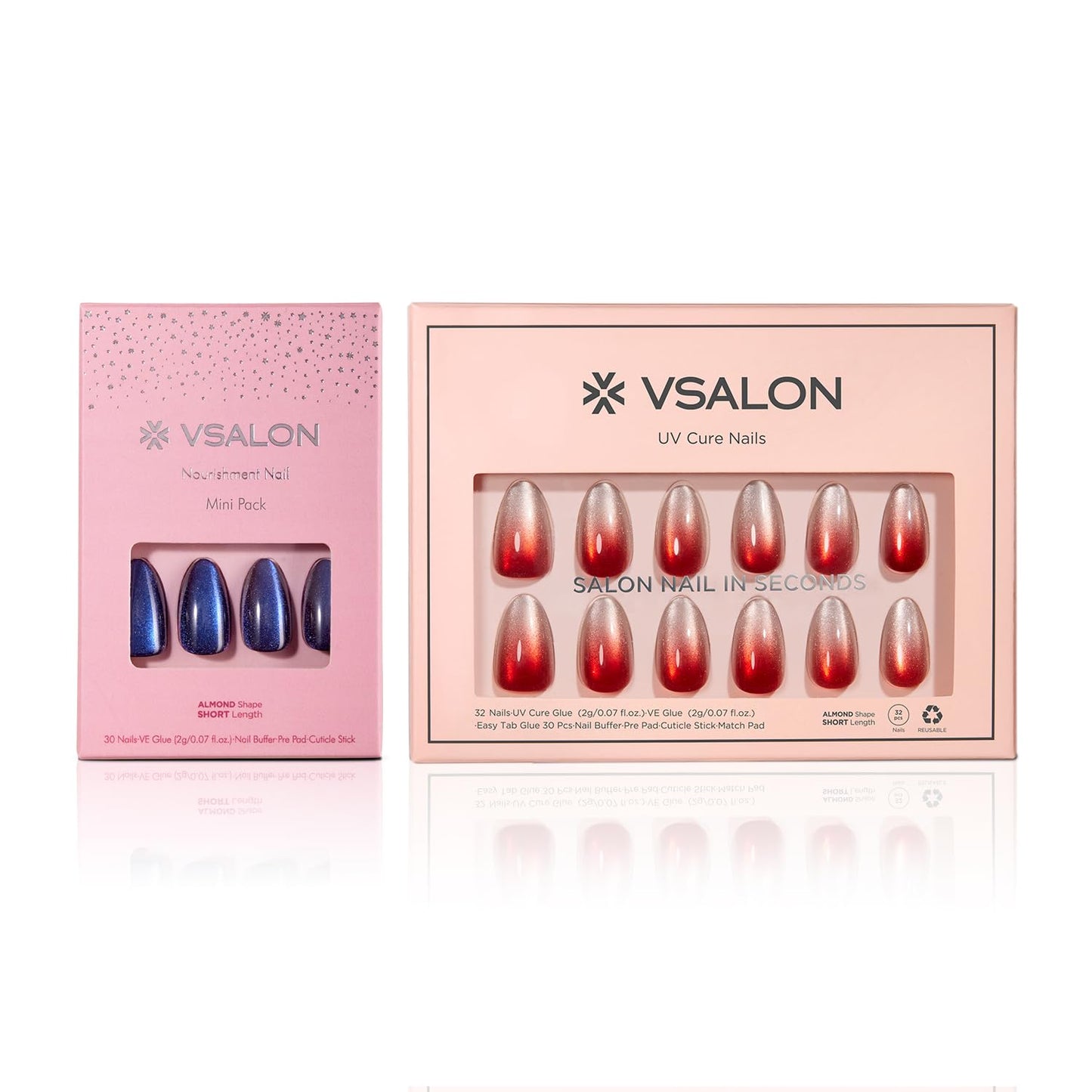 Press On Nails - Short Almond Cat Eye Nails Set, Blue Chrome Cat Eye - silver Red Ombre, UV Cured Nails & Mini Pack