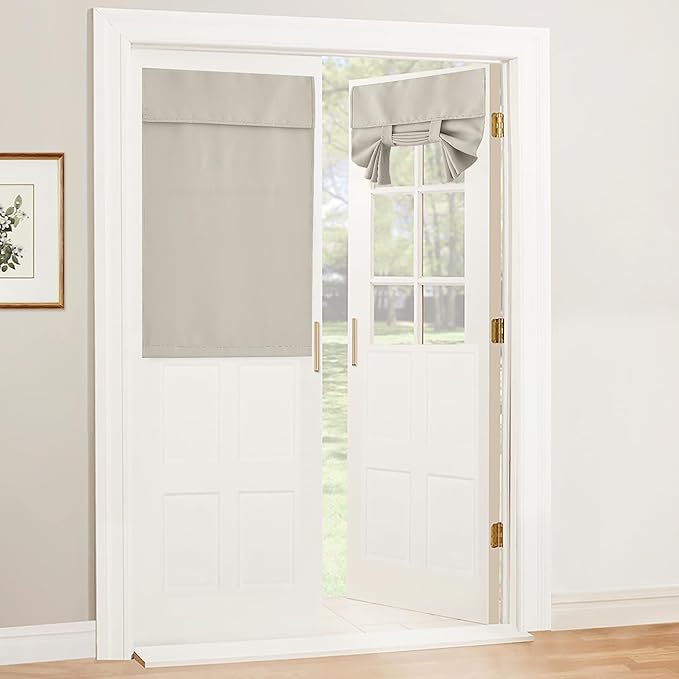 RYB HOME French Door Curtain - Privacy Blackout Window Tie up Shades for Kitchen Cabinet Dining Nursery Bathroom Glass Tricia Door Covering, W 26 x L 40 inches, Natural, 1 Panel