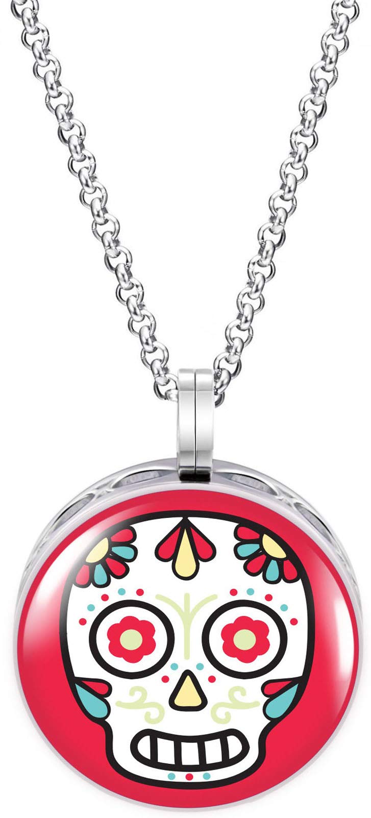 Wild Essentials Cartoon Sugar Skull Enamel Finish Essential Oil Diffuser Necklace Gift Set - includes Aromatherapy Pendant, 24" Stainless Steel Chain, 8 Color Refill Pads