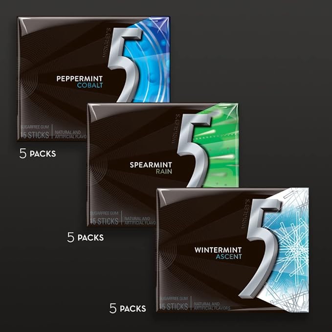 5 GUM Peppermint Cobalt, Spearmint Rain, Wintermint Ascent Sugar-Free Chewing Gum Variety Pack, 15 Packs, WRIGLEY'S 15 Stick