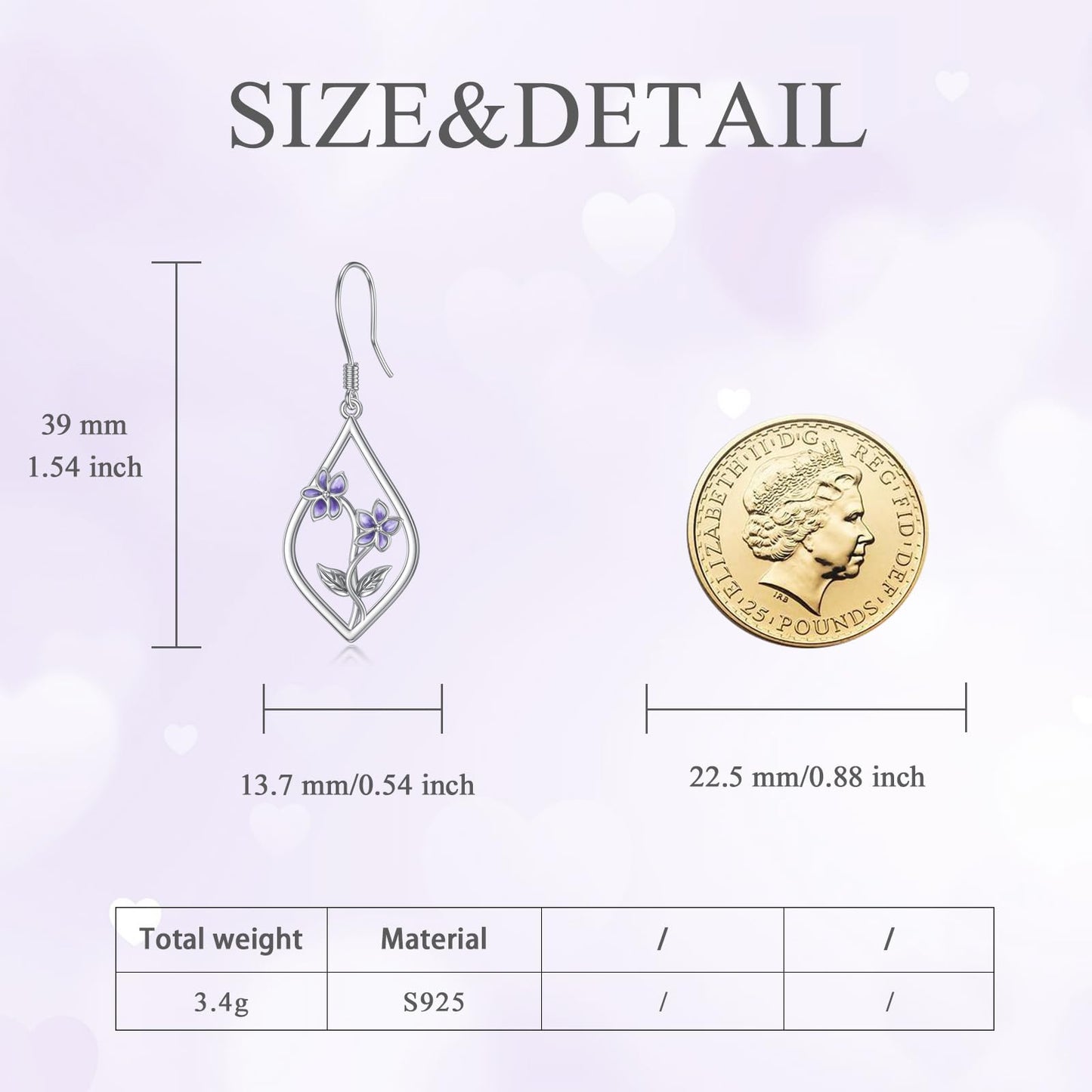 Violet Earrings Sterling Silver Purple Flower Floral Dangle Dangling Drop Earrings Violet Jewelry Gifts for Women