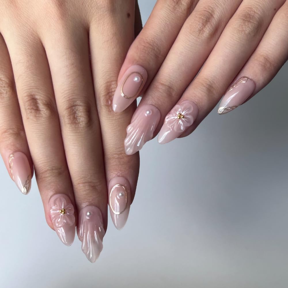 Handmade Acrylic Press On Nails Almond, Simple False Nails For Women, Reusable ABS Material Fake Nails, 10 Pcs Medium Almond Stick On Fingernail, DIY Art At Home with Nails Set (Size M)