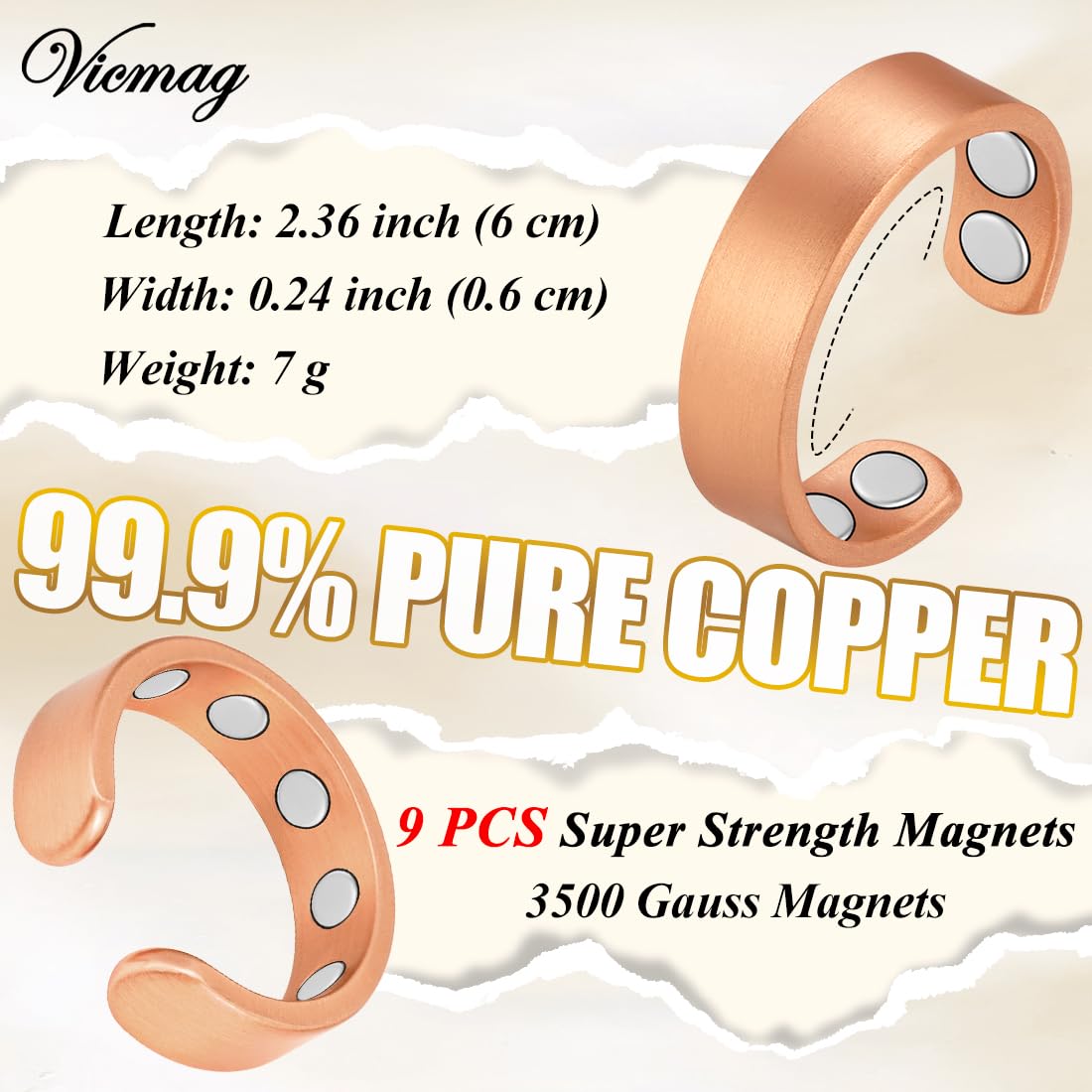 Vicmag 2PCS Magnetic Copper Rings for Women & Men,99.99% Pure Copper Ring with 9X Magnets Gift Adjustable