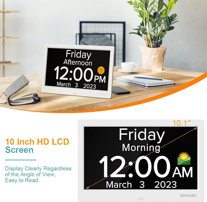 10.1 Inch Digital Alarm Clock with Date and Day of Week for Dementia Seniors, Clear Large Screen, Multiple Alarm Sets, Auto DST, Designed Specifically for Elderly - White
