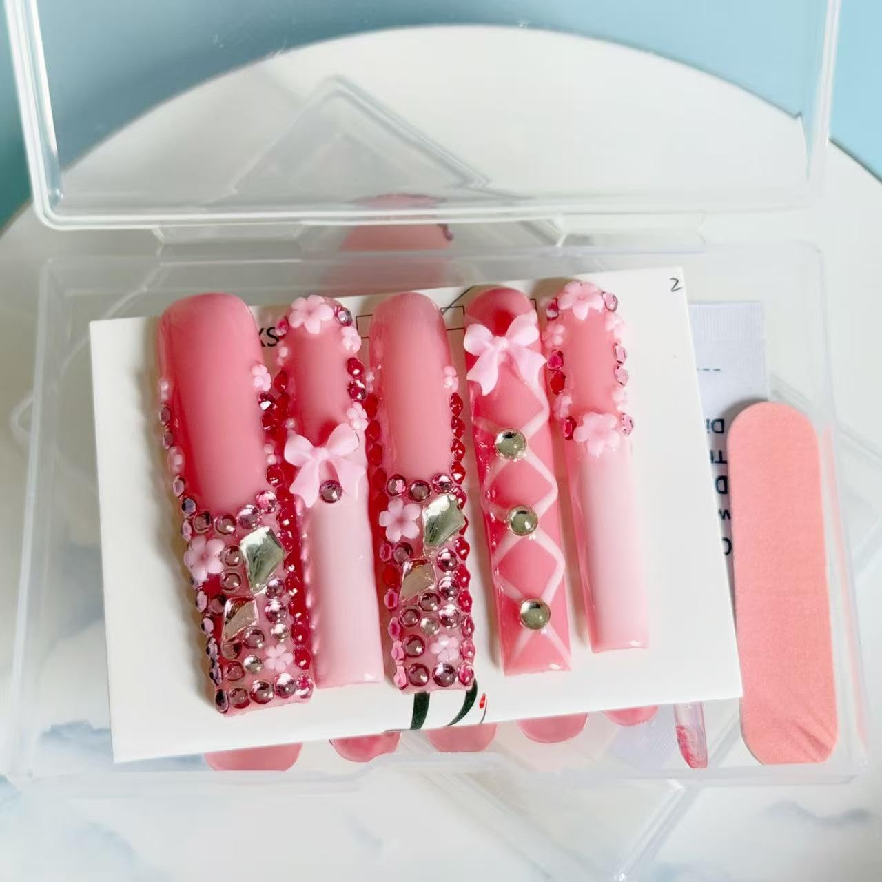 Haozerart Handmade XXL Extra Long Square Press On Nails, Pink French Tip with Bow & Luxury Rhinestones, Salon Fake Nail Kit 10Pcs M Size for Women