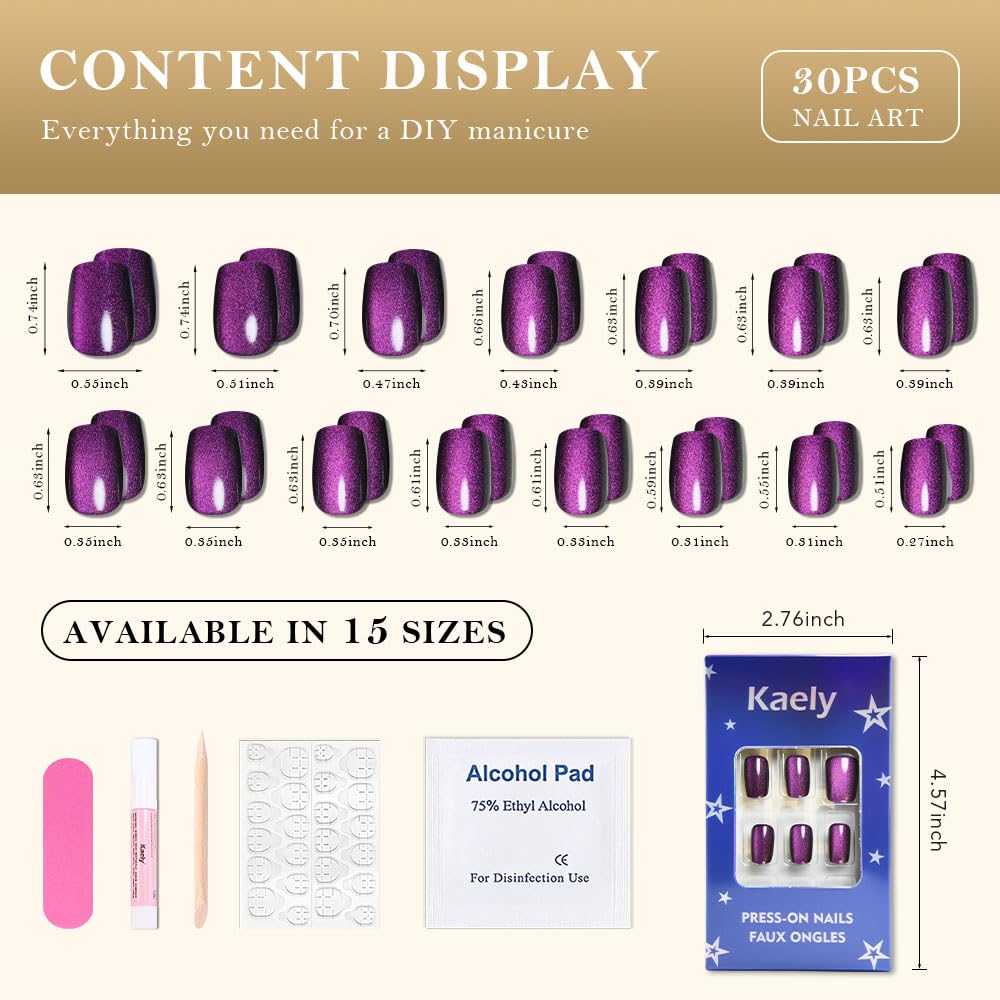 evpct Purple Cat Eye Press on Nails Short Square, Short Square Stick on Fake Nails for Women Gift, Dark Purple Metallic Glitter Glossy Reusable Soft Gel Stick Press on Acrylic False Nail with Designs