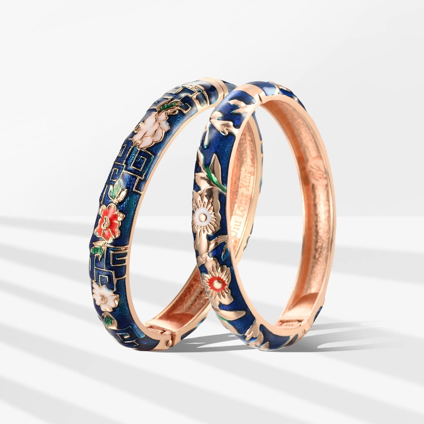 UJOY Cloisonne Bracelet Hinge Indian Cuff Bangle Enameled Jewelry Flower Bracelets for Women Gift Box 55A103-55A114 Navy Blue