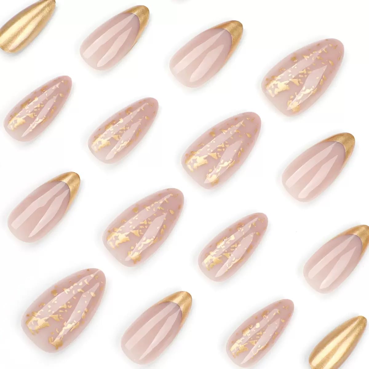 CTTHNBD Press on Nails Almond - Gold French Tip Fake Nails with Glitter Design - Medium Stick on False Nails - for Women - 24 Pcs