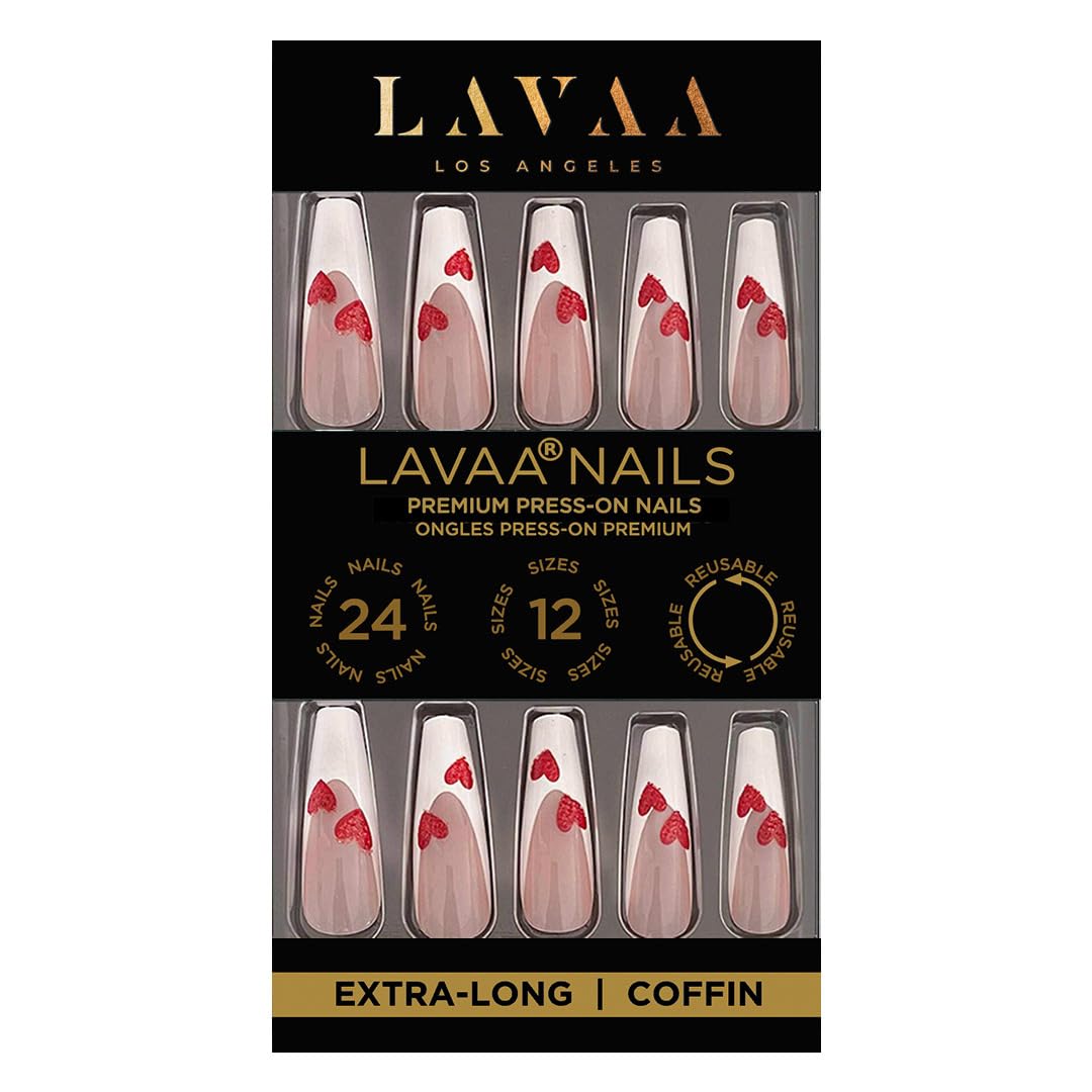 FRENCH LOVE Press-On Nails by Lavaa Beauty | Extra-Long Coffin Nails | French Tip with Small Red Hearts Valentine's Day Nails