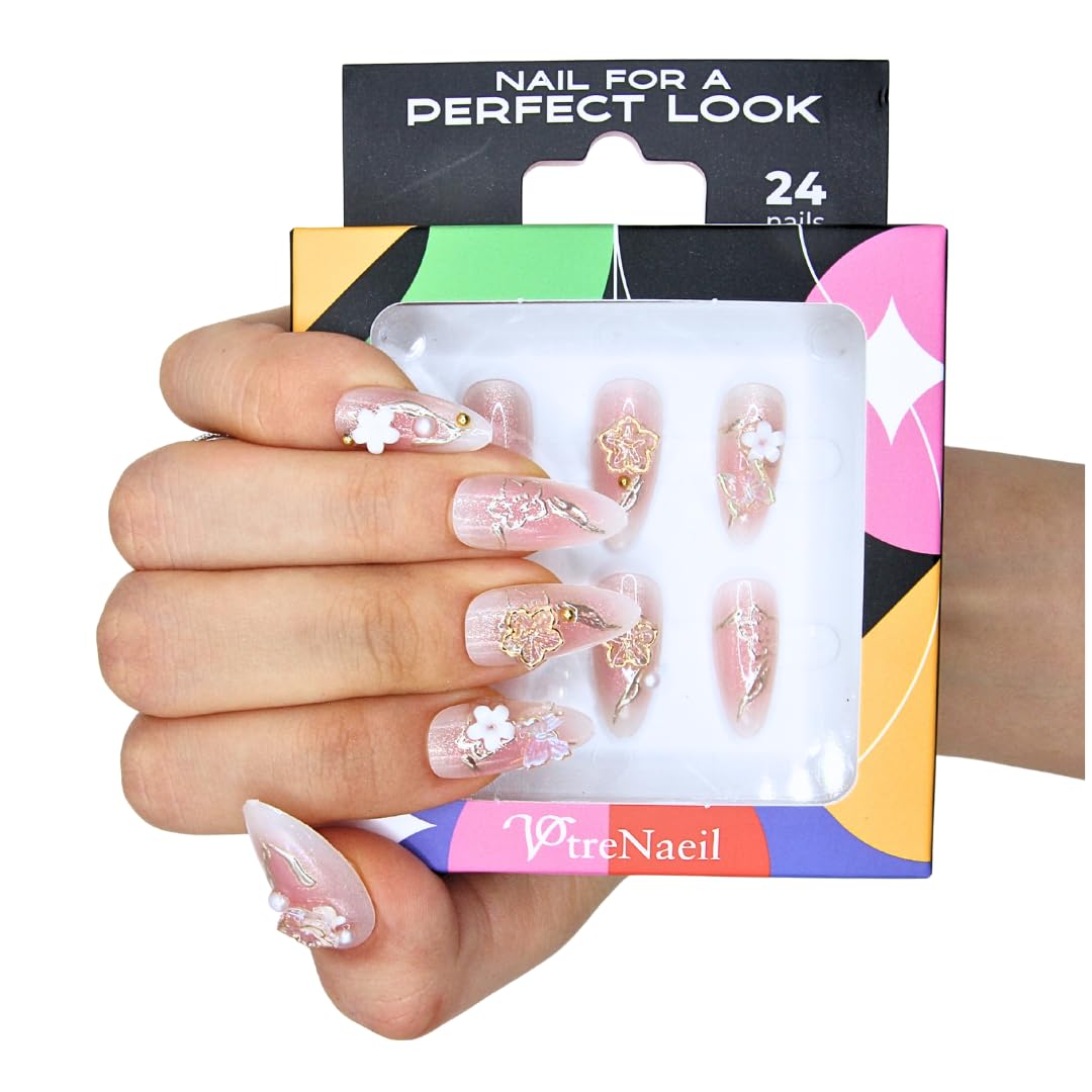 Votrenaeil Press On Nails - Spring Bloom | No Glue Short Almond Pink Ombre Fake Nails with 3D Floral for Wedding - 24 Pcs Nail Kit with Adhesive Tabs