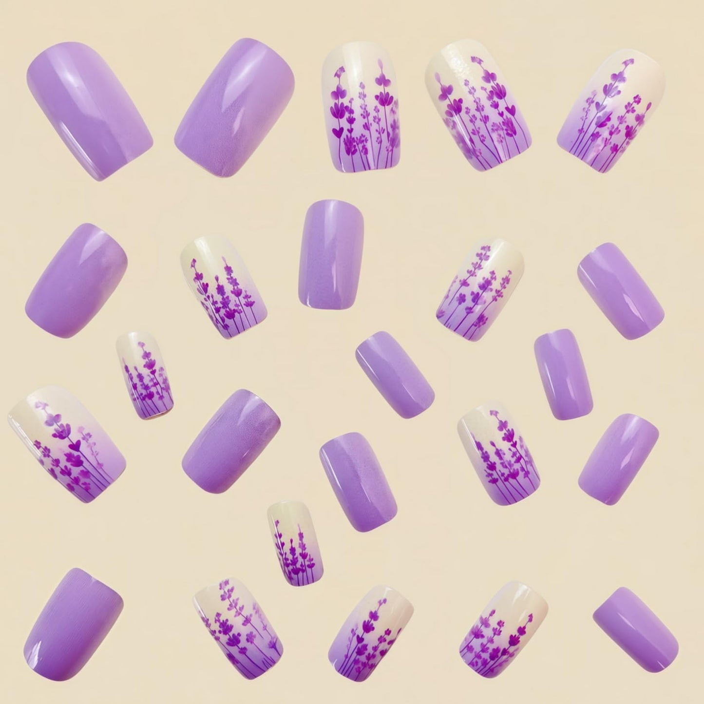 24pcs Purple Press on Nails Medium Length Square Fake Nails with Lavender designs Spring Stick on Nail Full Cover False Nails Acrylic Reusable Glue on Nails for Women Summer Manicure