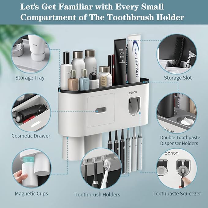 Toothbrush Holders Wall Mounted, Toothbrush Holder with Automatic Toothpaste Dispensers, 6 Brush Slots, 2 Magnetic Cups,1 Cosmetic Drawer Organizer and 1 Large Storage Tray