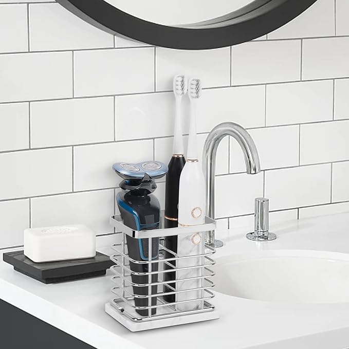 HarJue Toothbrush Holder, Luxurious Metal Toothbrush Toothpaste Holder with Marble Base for Bathroom, Multi-Slots Openwork Design, Bathroom Accessory for Storage and Organizer (Small, Chrome)