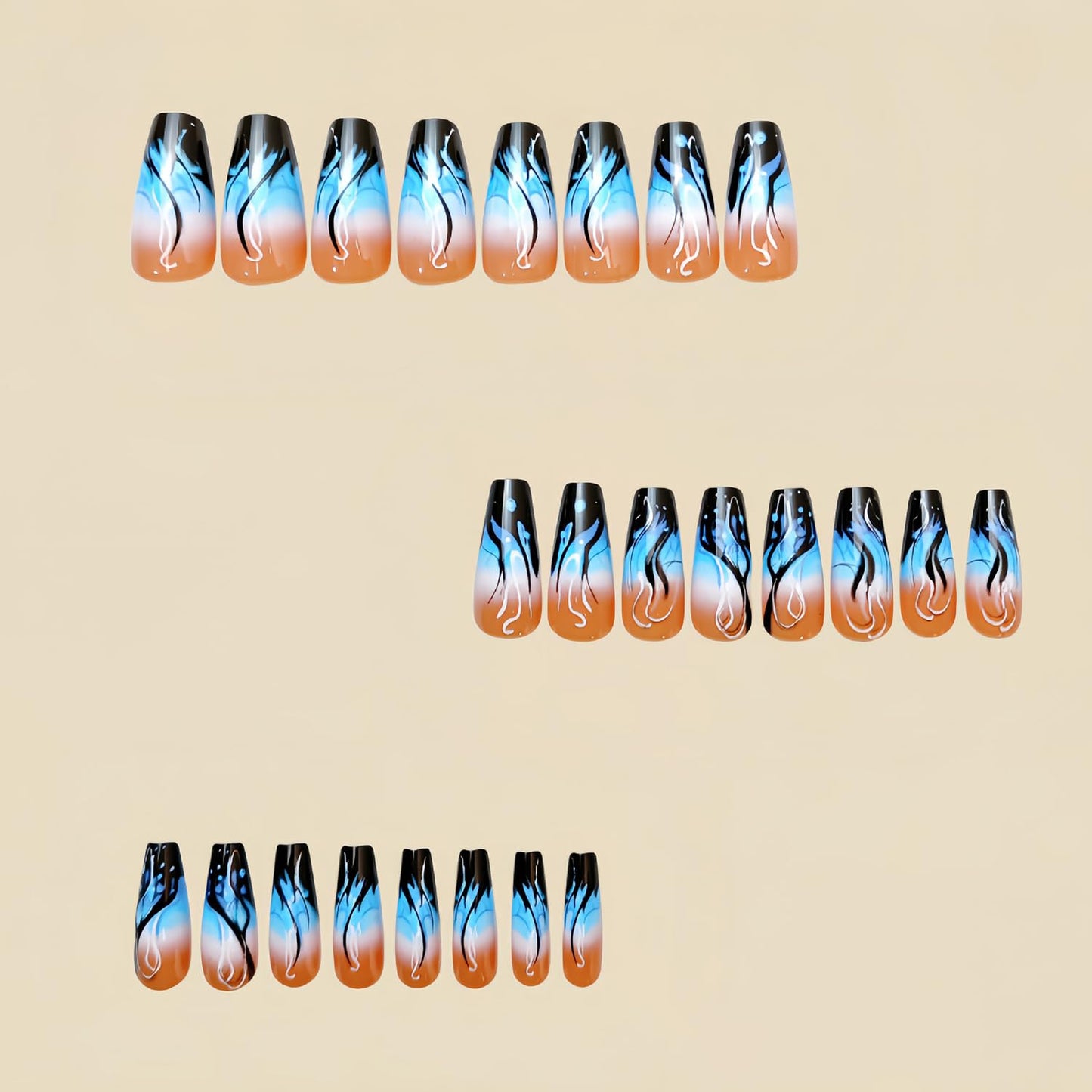 TBRZTR Press on Nails Medium Length Ballet Shaped Fake Nails Blue Flame Pattern Design Gradient Artificial Coffin Nails Black French Stick on Nails Full Cover Acrylic Glossy Glue on Nails for Women