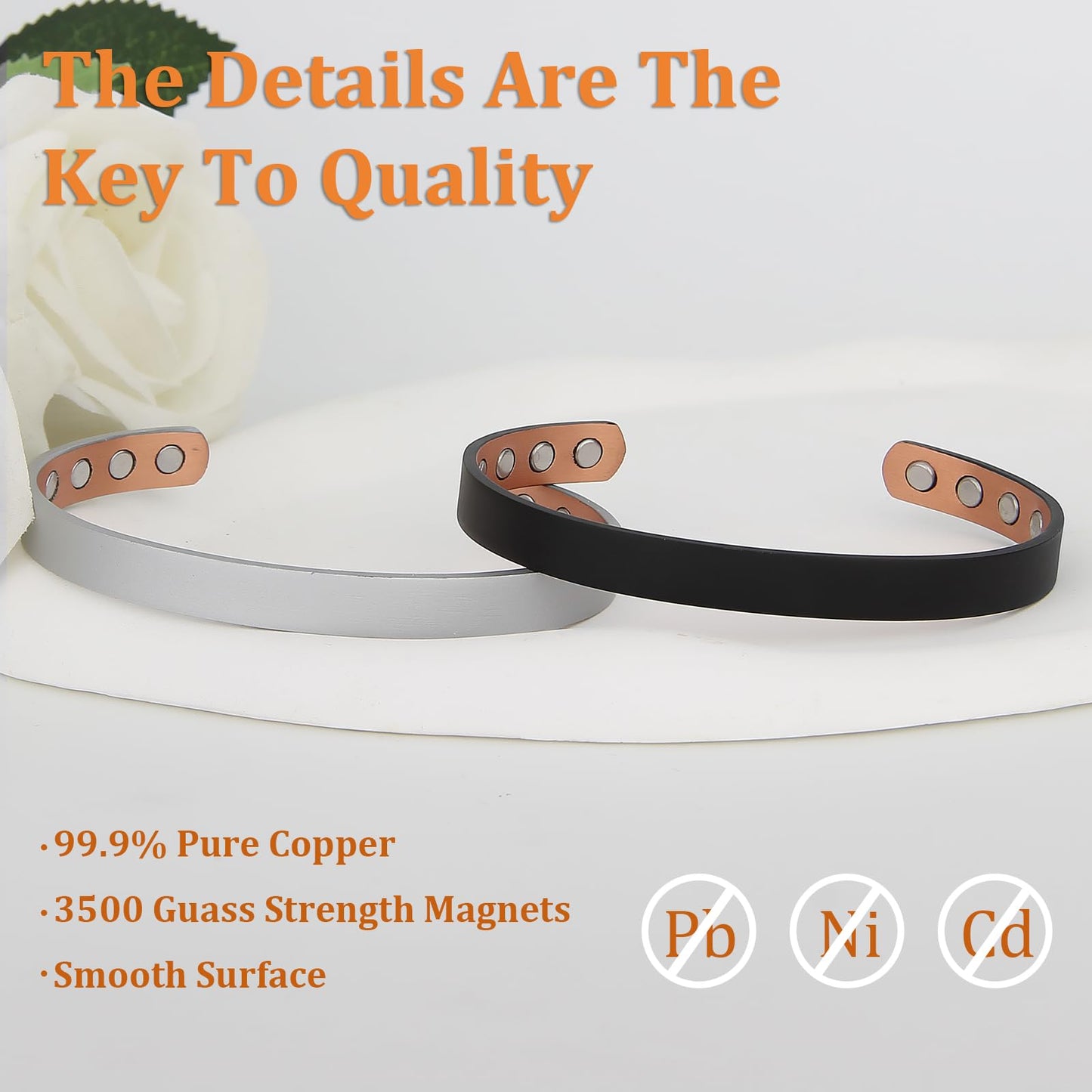 MagEnergy Copper Bracelet for Men and Women, 99.9% Pure Copper Magnetic Bangle with 8pcs 3500 Gauss Magnets, Adjustable Jewelry Gift (Silver / 6.8 Inches)