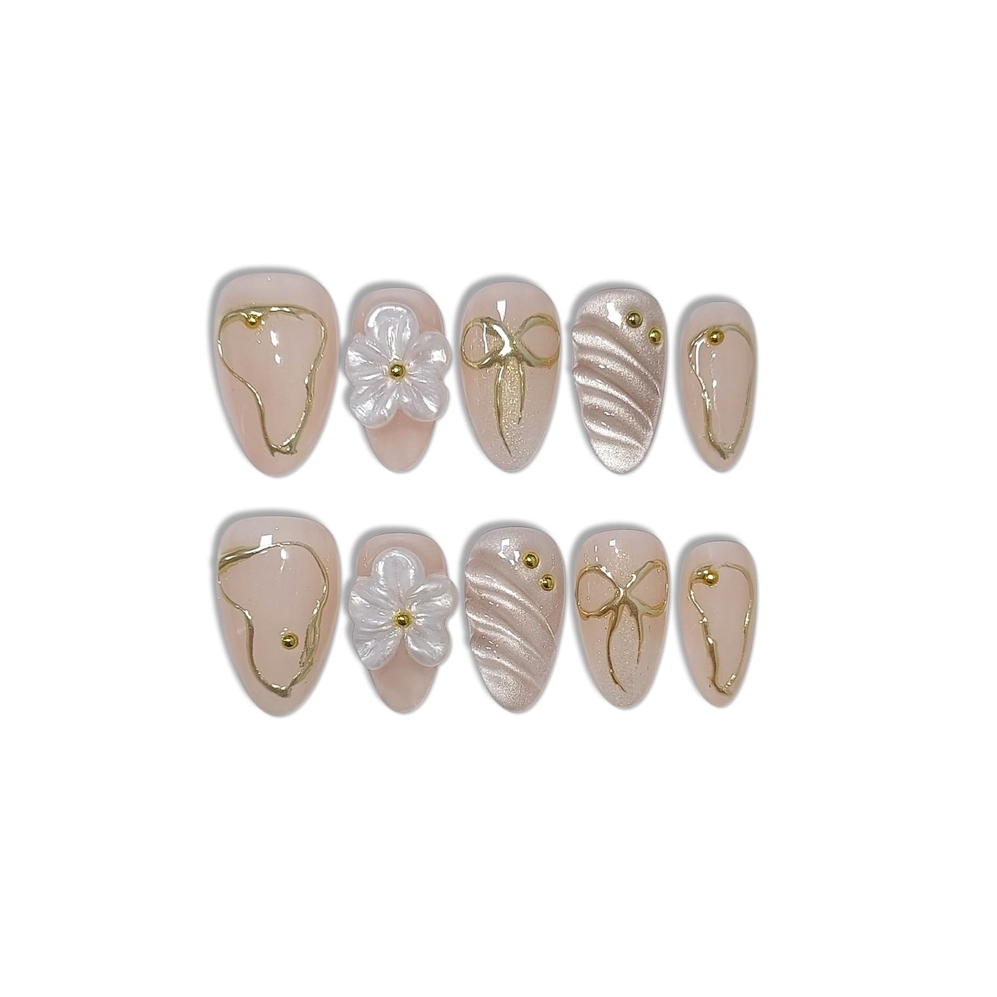 TENPAL 10Pcs Short Almond Oval Press On Nails With Tools,Nude Pink Fake Nails with 3D Flowers & Cat Eye Designs,Glitter Gold Edge Glue on Nails, Glossy Handmade Acrylic False Nails for Daily Party(XS)