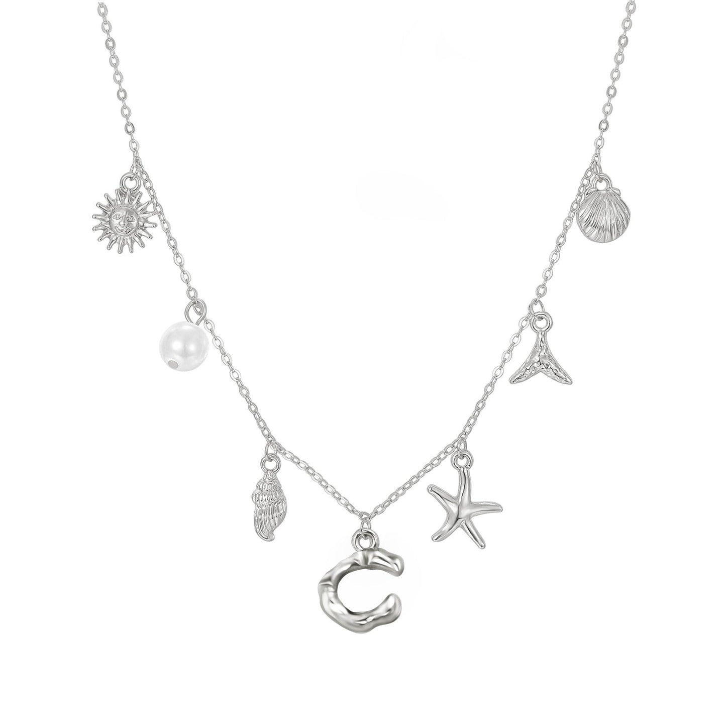 JALZEMPL Initial Charm Necklace For Women Seashell Shell Letter Boho Summer Beach Starfish 14k Gold Plated Silver Pendant Surfer Jewelry Gifts (C,Silver)
