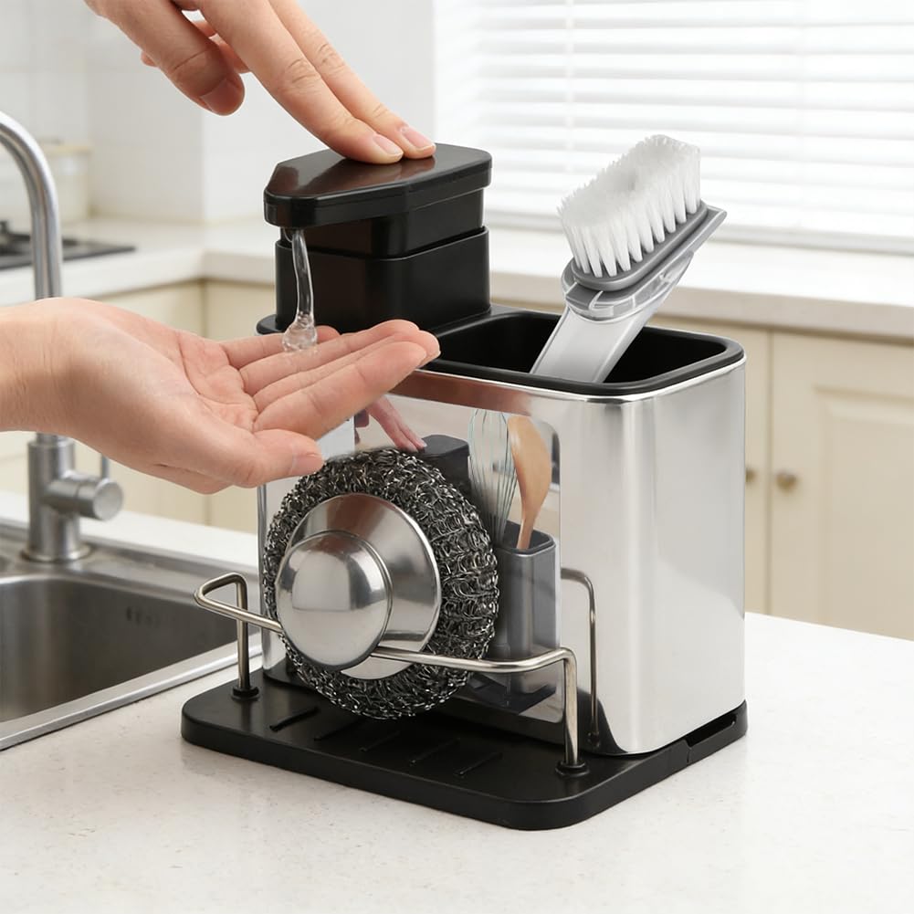 3-in-1 Dish Soap Dispenser, Sponge Holder for Kitchen Sink Caddy, Organizer Dish Soap Dispenser with Cleaning Brush and Tray Drainer Rack Countertop