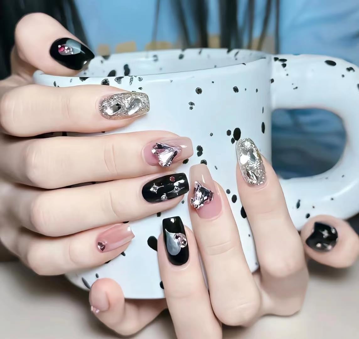 Handmade 10Pcs Dark Press on Nails Fake Nails with 3D Y2k Irregular Silver Design Pearl Jewelry False Nails Glitter Artificial Glue on Nails Gothic Stick on Nails for Women (MT-115, M)
