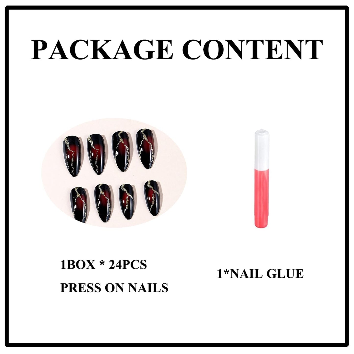 MERVF Press on Nails Medium Almond, Black Fake Nails Red Gradient Glue ons Gold Glitter Lines Design Goth Acrylic Nail Glossy 24pcs