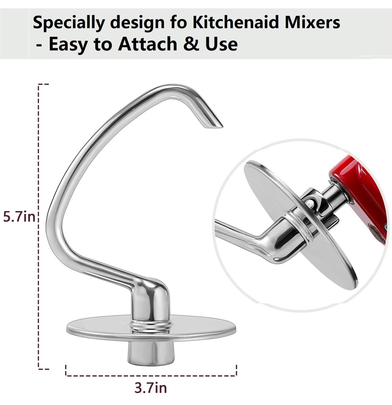 FavorKit Dough Hook for KitchenAid Tilt-head and 4.5-5.0 Quart Mixers, Polished Stainless Steel Dishwasher Safe Kneading Attachment for Bread,Pasta, Pizza...