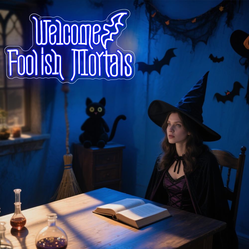 RuCvixkt Welcome Foolish Mortals Neon Sign, Halloween LED Neon Signs for Wall Decor, Spooky Gothic Haunted Mansion Decor, Coffin Led Neon Light Gift for Boy, Party, Man Cave, Haunted House(Blue)