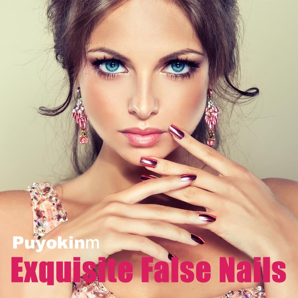 Puyokinm Square Press on Nails Medium Fake Nails Gradient Pink False Nails Full Cover Acrylic Glossy Glue on Nails Nude Artificial Nails Stick on Nails for Women 24Pcs