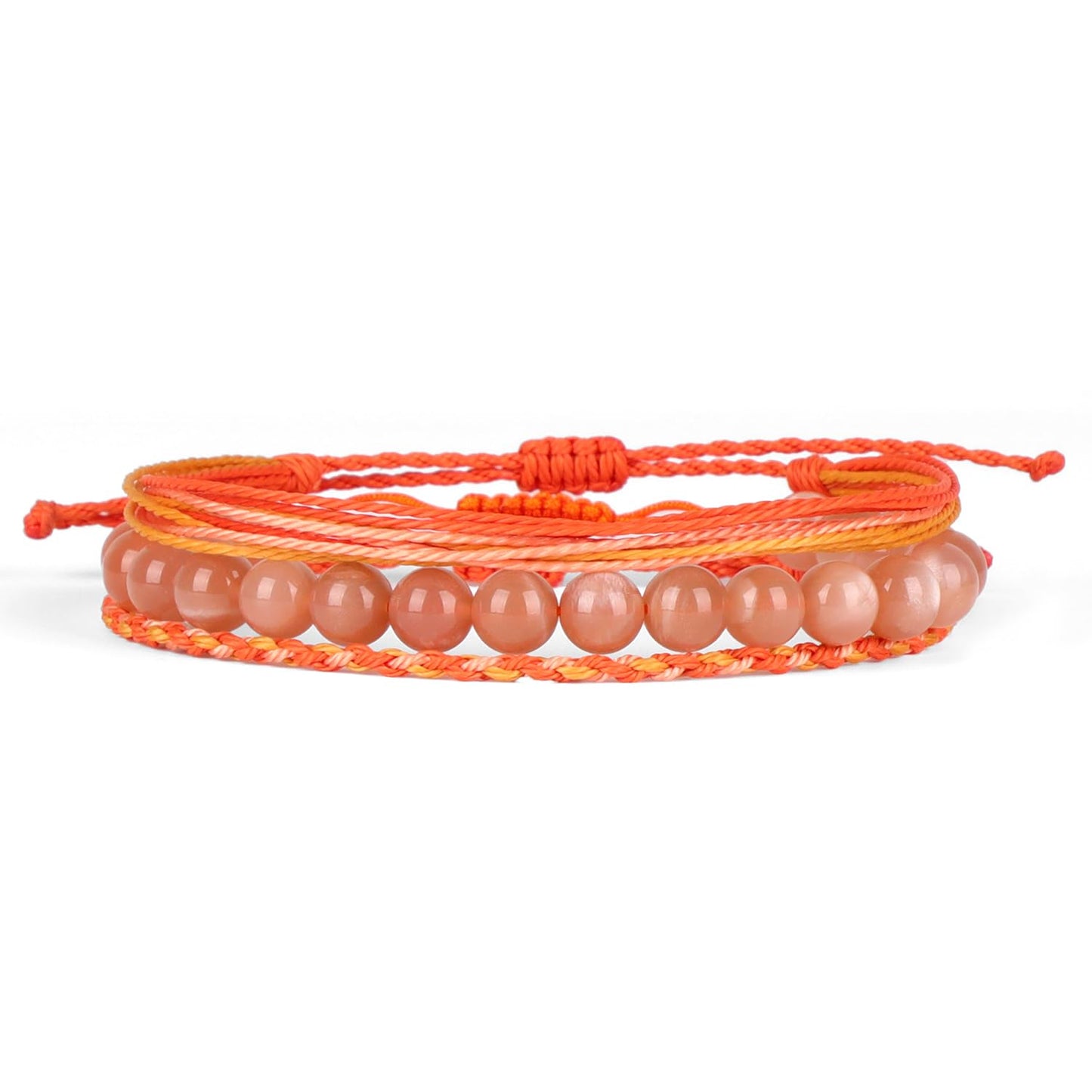 QOGIR Handmade Healing Bracelets,8mm Natural Sunstone Gem Stone Beads Bracelet for Men Women Gifts with 2PCS Size Adjustable Rope Bracelets