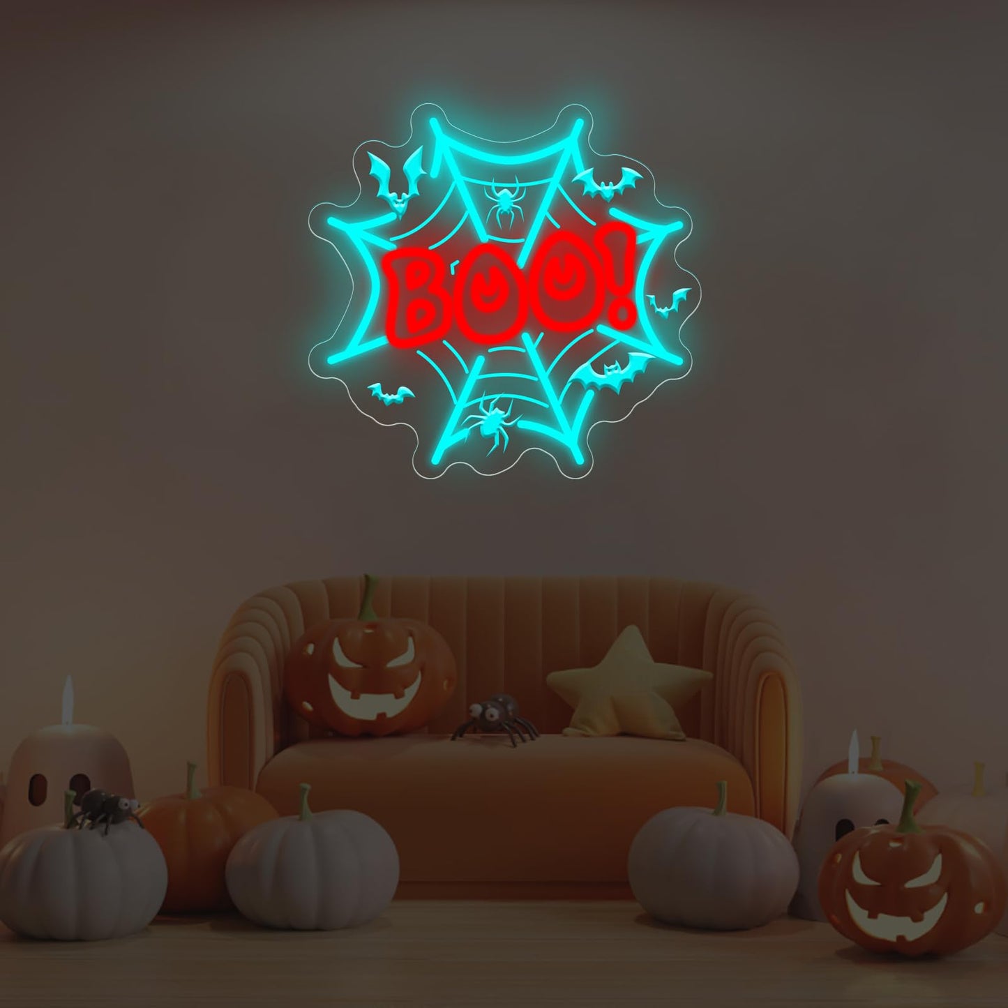 Boo Neon Sign Halloween Decors Spider Web LED Light Bats Decors Boo Dripping Sign Spooky Haunted House Party Wall Art, Ice Blue+Red, 13.8"x13.2"