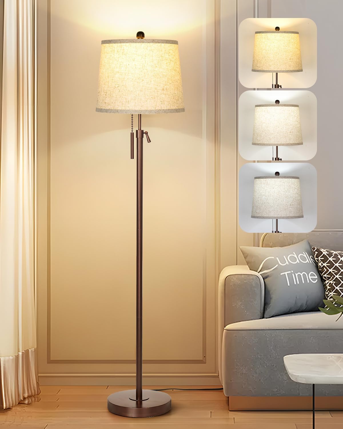 Modern Floor Lamp Adjustable Height Standing Lamp Tall Lamp with 3 Color Temperatures Floor Lamps for Living Room Bedroom Office Beige Shade Bulb Included-Brown