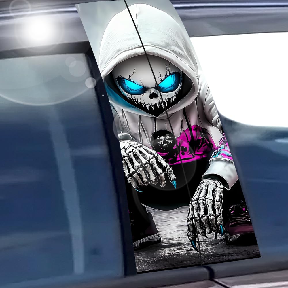 2 Pack Horror Child Killer Sticker,Spider Wolf Car Center Pillar Decals,Scary Car B-Pillar Stickers Door Window Posts Trim 11in*18.89in (Skull Child)