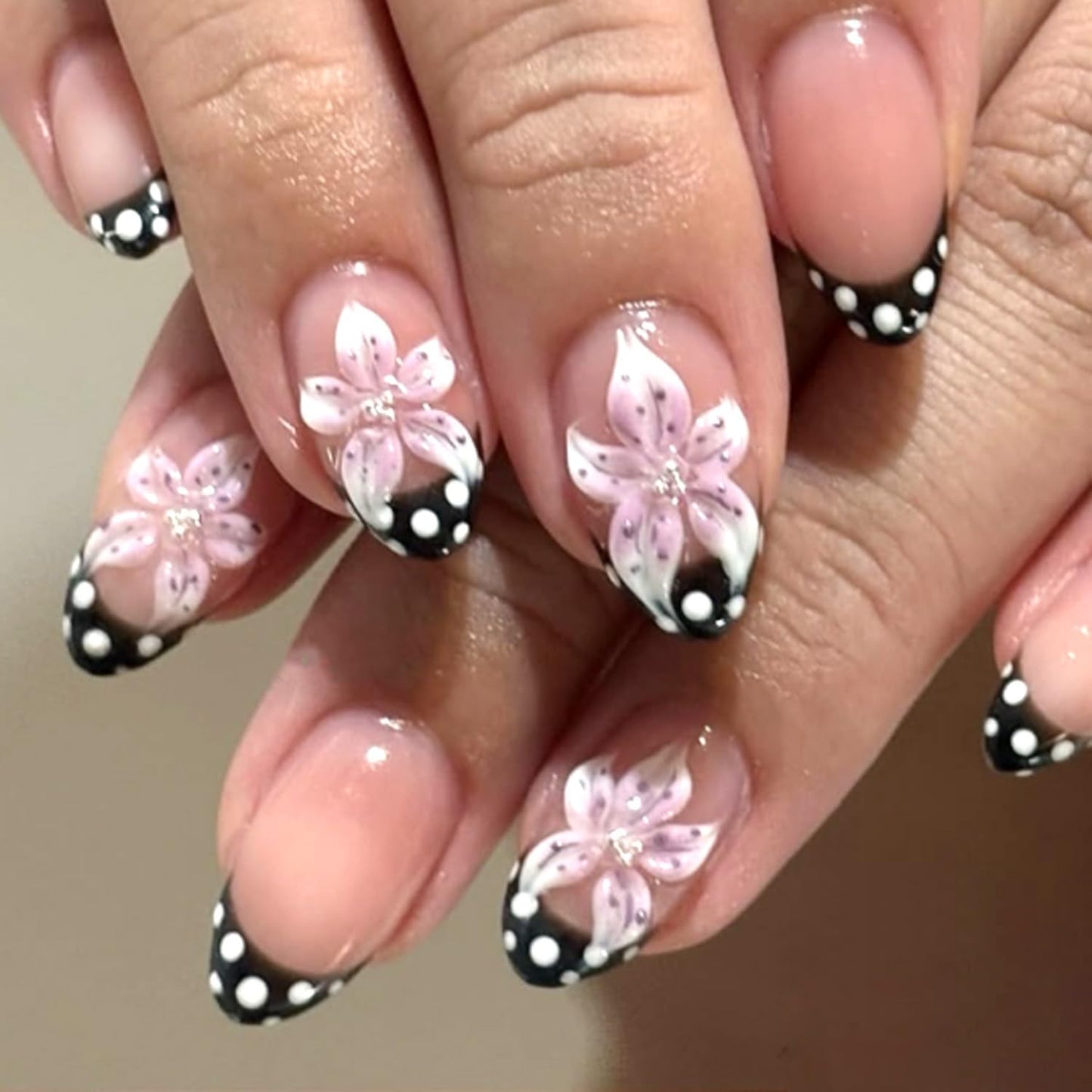 3D Flower Press on Nails Short Almond Nails Press ons with Black French Tip Designs Polka Dot Fake Nails Nude Pink False Nails Reusable Glue On Fake Nails for Women Salon Quality Manicure Set