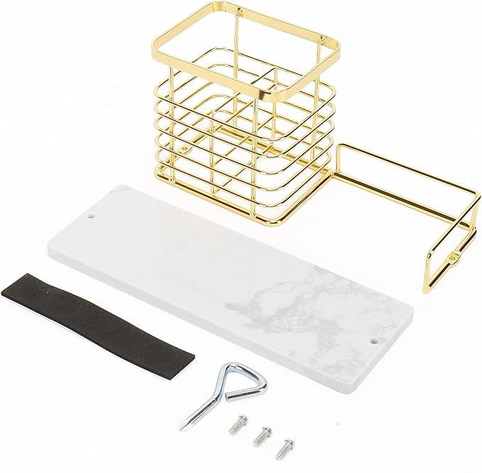 HarJue Toothbrush Holder, Luxurious Metal Toothbrush Toothpaste Holder with Marble Base for Bathroom, Multi-Slots Openwork Design, Bathroom Accessory for Storage and Organizer (Large, Gold)