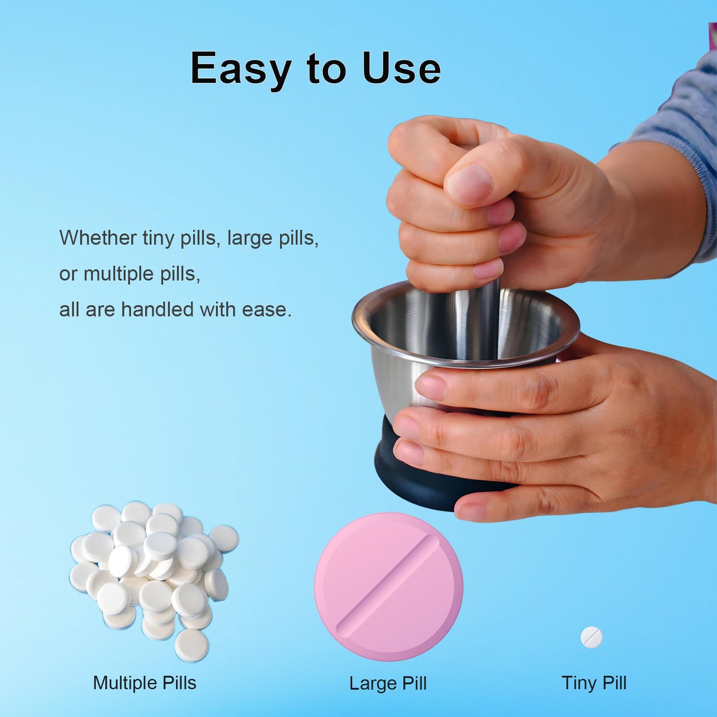 Pill Crusher Fine Powder, Mortar and Pestle Set for Large, Small and Multiple Pills, Solves Common Pill Grinder Issues - Solid 304 Stainless Steel, 10 oz