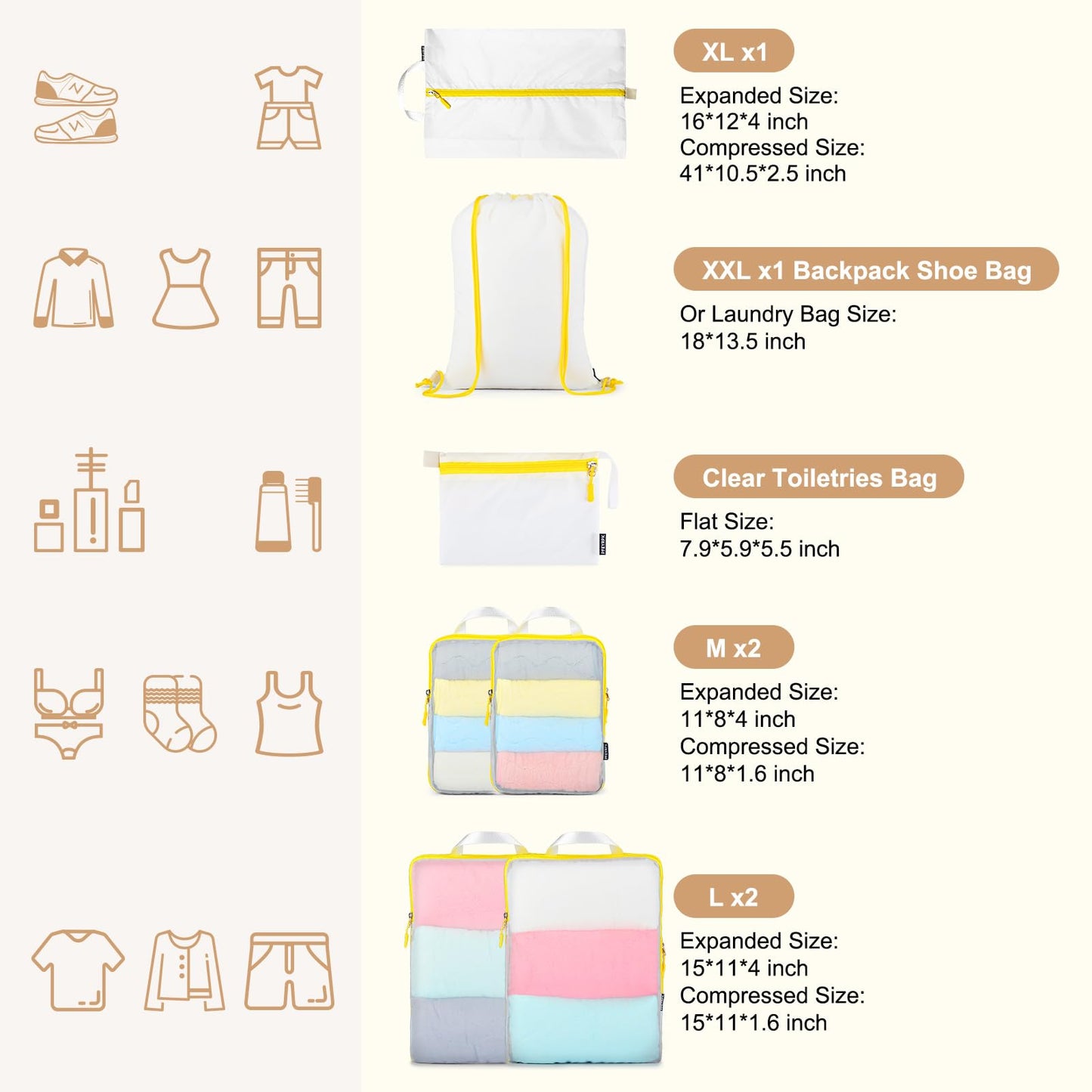 PFEYRPK Compression Packing Cubes Travel Essentials with See Through Mesh for Suitcases,Expandable Packing Organizers 7 Set with Clear Toiletries and Shoe Bag for Carry on Luggage.