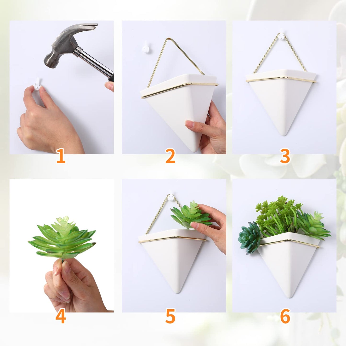 Rtteri 15 PCS Wall Hanging Planter Set with Artificial Succulents, 3 Ceramic Geometric Wall Planters in 3 Sizes, Modern Indoor Decor for Living Room Bathroom Office