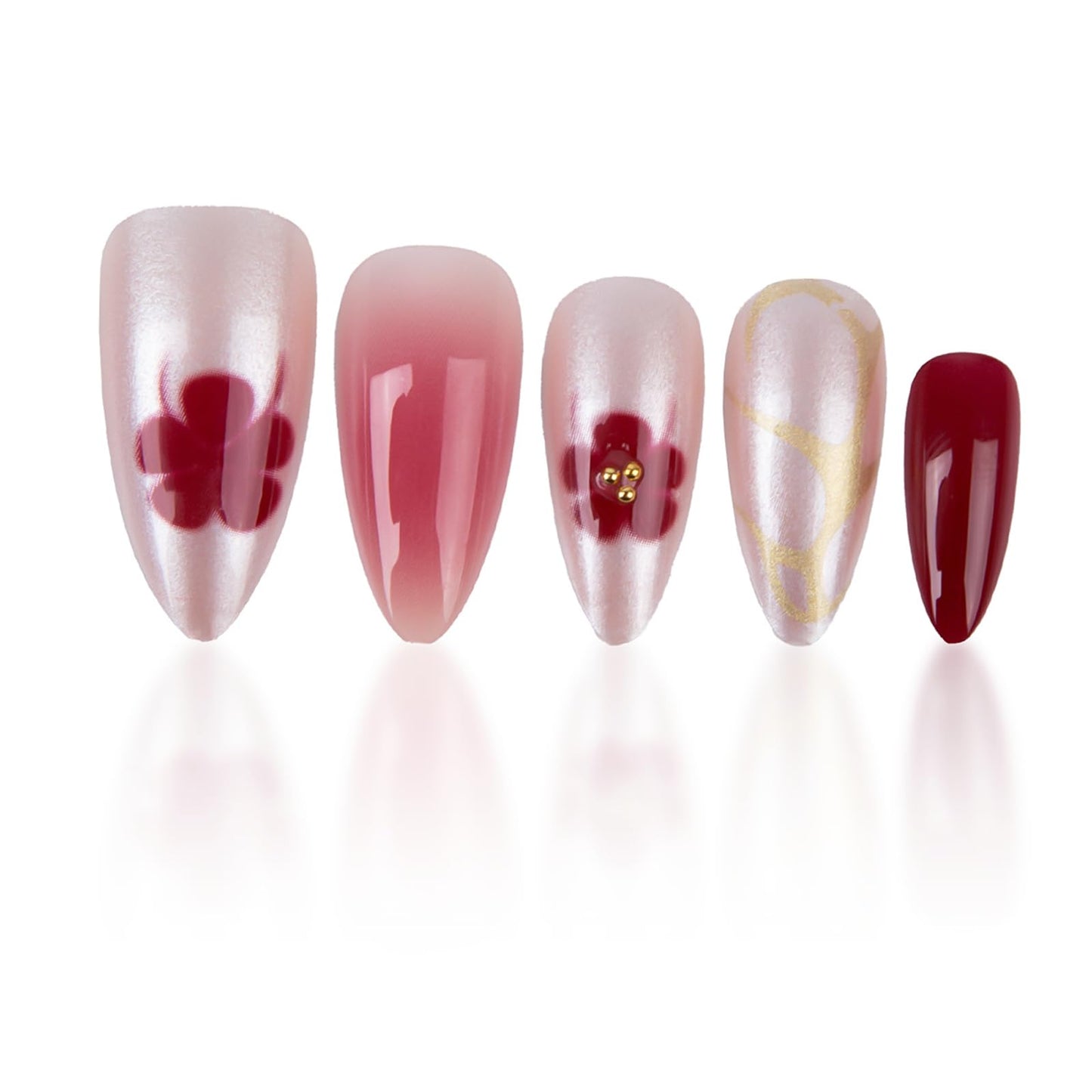 IMSOHOT Press on Nails Medium Almond, Chrome Silver Red Flower Fake Nails Glossy Acrylic French Tips False Nails Full Cover Glue on Nails
