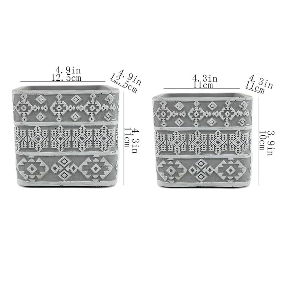 HFlexY5G Flowerpot Square Shaped Flower Pot with Drainage Holes, Grey Background White Embosse Pattern Cement Plant Pot, for Balcony Living Room Bedroom Pots for Plants(Large)