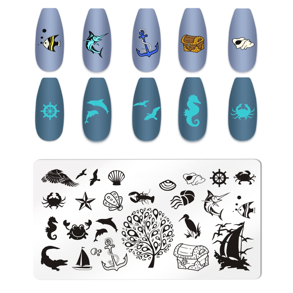 JERCLITY 6pcs Seaside Scenery Nail Stamping Plate Nail Stamping Kit for Nails Summer Beach Coconut Trees Sunset Waves Sea Animals Image Plates Nail Art Design Template Print Nail Stamper Kit for Women