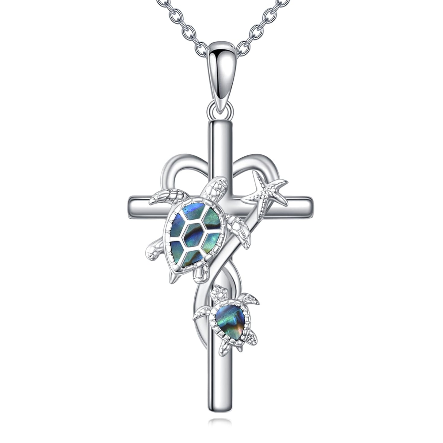 POPLYKE Cross Turtle Necklace for Women 925 Sterling Silver Cross Necklace Abalone Shell Turtle Jewelry for Women