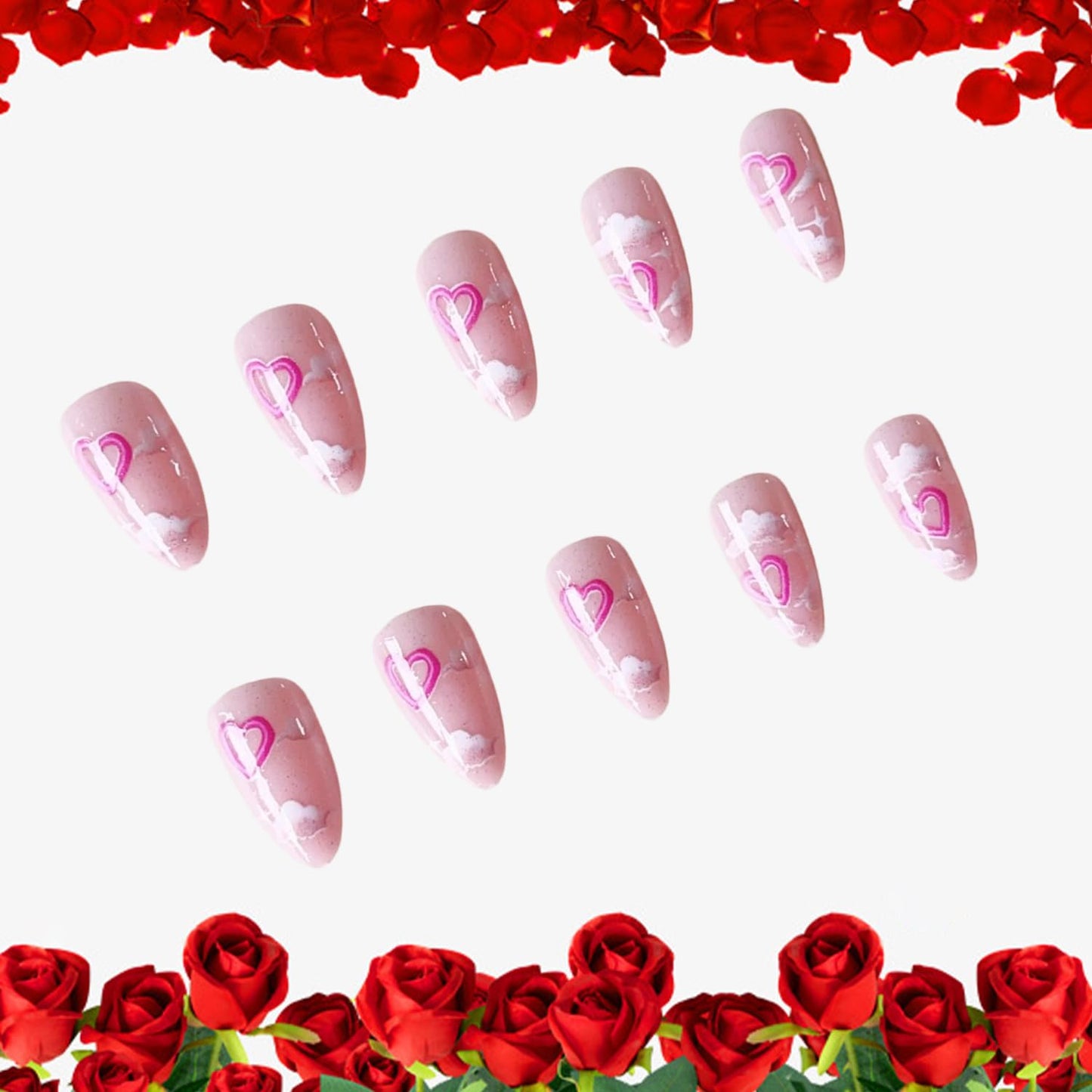 Heart Press on Nails Short Almond Artificial Acrylic Fingernails Translucent Pink Love with Irregular Clouds Full Cover Glossy Valentines Glue on Nail Artificial Nail for Women Festival Manicure