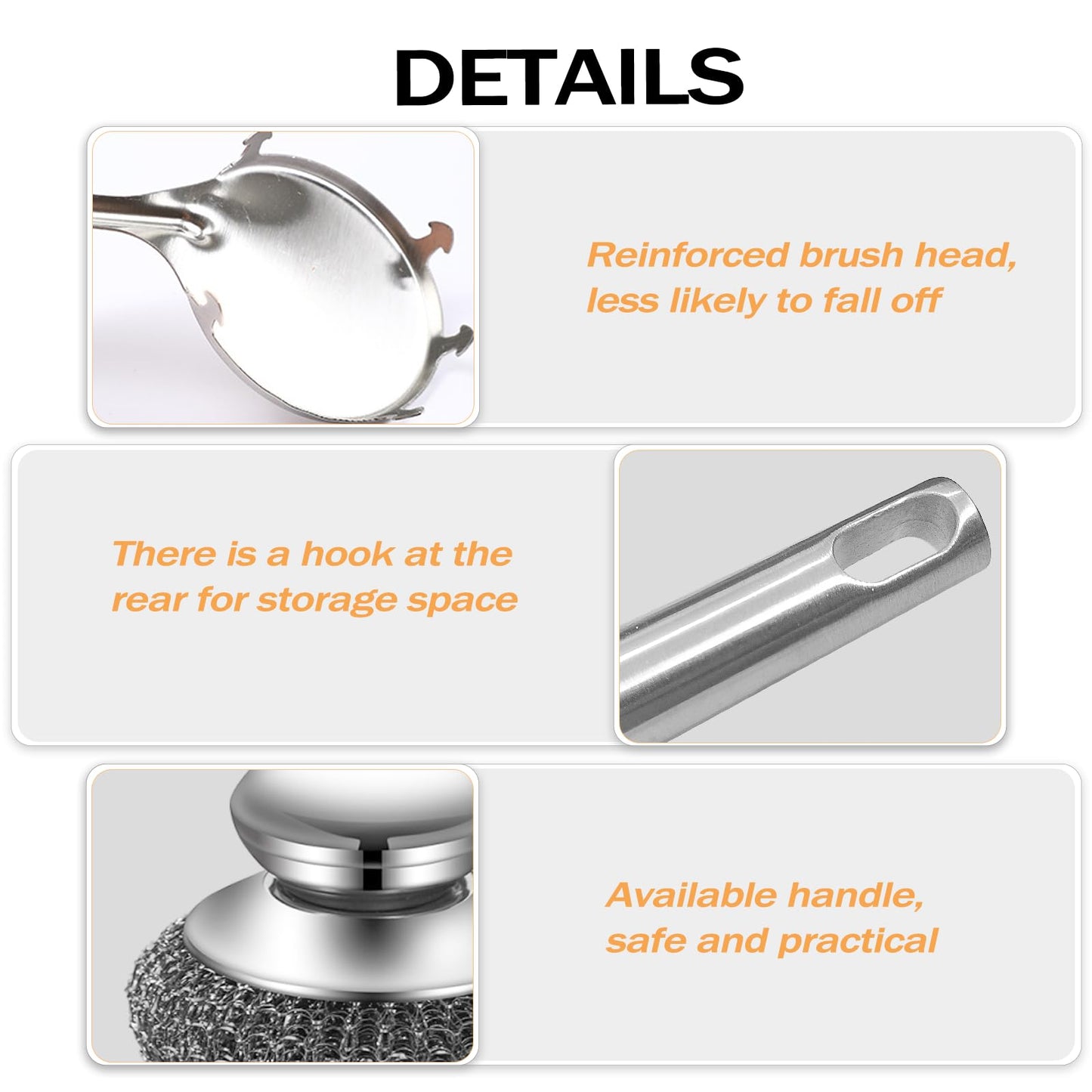 Heavy Duty Stainless Steel Scrubber Set - Long & Short Handle with 5 Steel Wool Pads, Cast Iron & Pot Scrubber for Dishes, Pans, Grills, Stoves