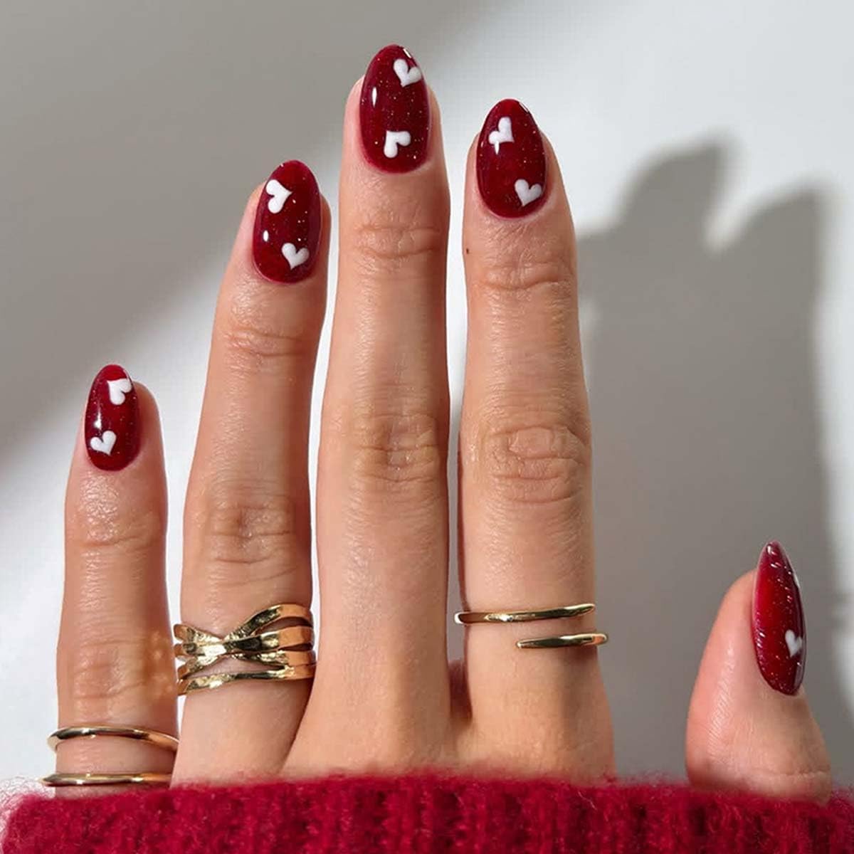 Valentine’s Day Press on Nails Medium Almond Fake Nails Burgundy Nails Press ons with Heart Design for Women