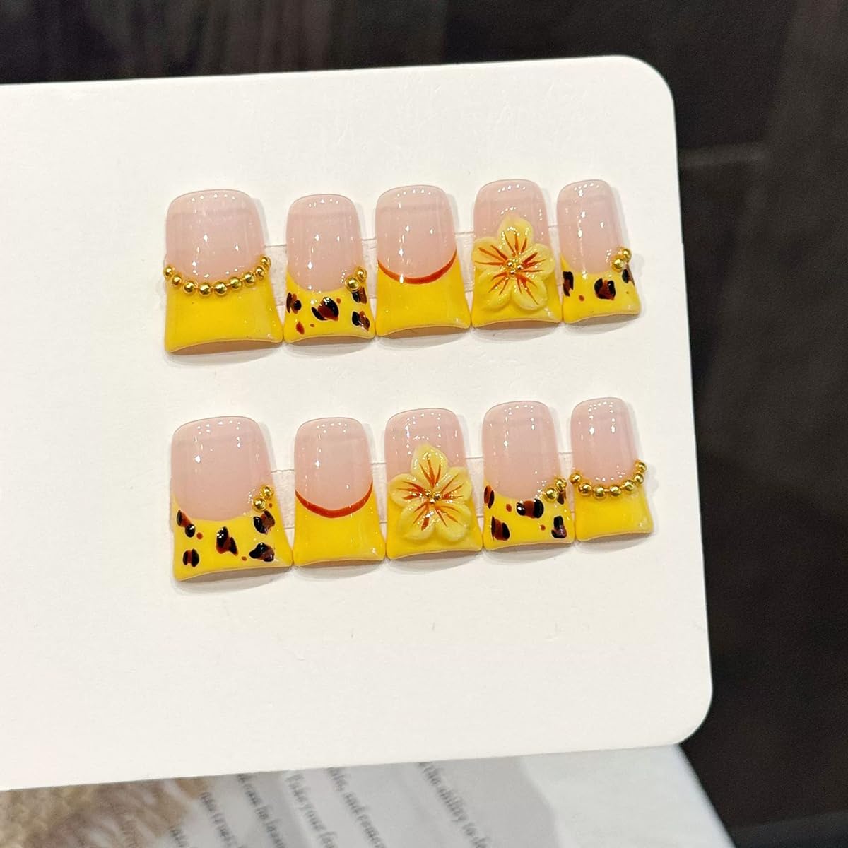 Handmade press on nails Duck Medium Fake Nails Yellow French False Nails with 3D Cherry blossoms Designs Leopard print luxury Charm Acrylic Nails for Women 10pcs (Size M）