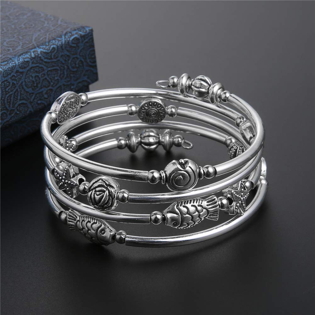 BULINLIN Layered Wrap Bangle Turquoise Bracelet - Bead Bracelet with Natural Agate Stone, Gifts For Women (05-Metal)