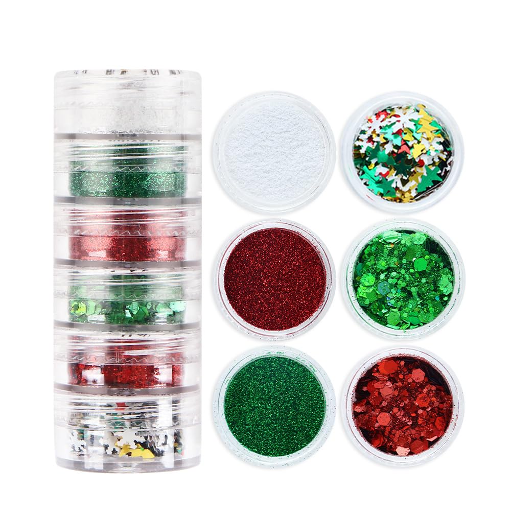 LPOODDNU Winter Nail Art Decorations: Flakes 3D White Snowflake Nail Decals, Green Red Designs, Holographic Christmas Glitters