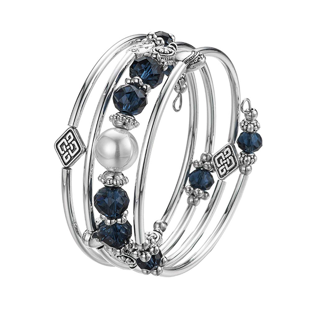 BULINLIN Bead Wrap Bangle Pearl Bracelet - Silver Metal Bracelet Gifts For Women(04-Navy blue)
