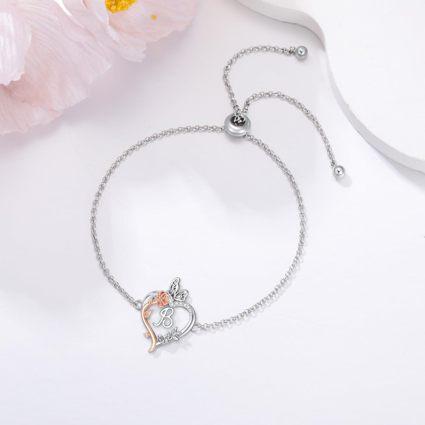 TOUPOP Rose Heart Bracelet for Women Sterling Silver Heart Initial B Letter Bracelet Butterfly Love Jewelry Anniversary Birthday Mothers Day Gifts for Mom Wife Her Girlfriend
