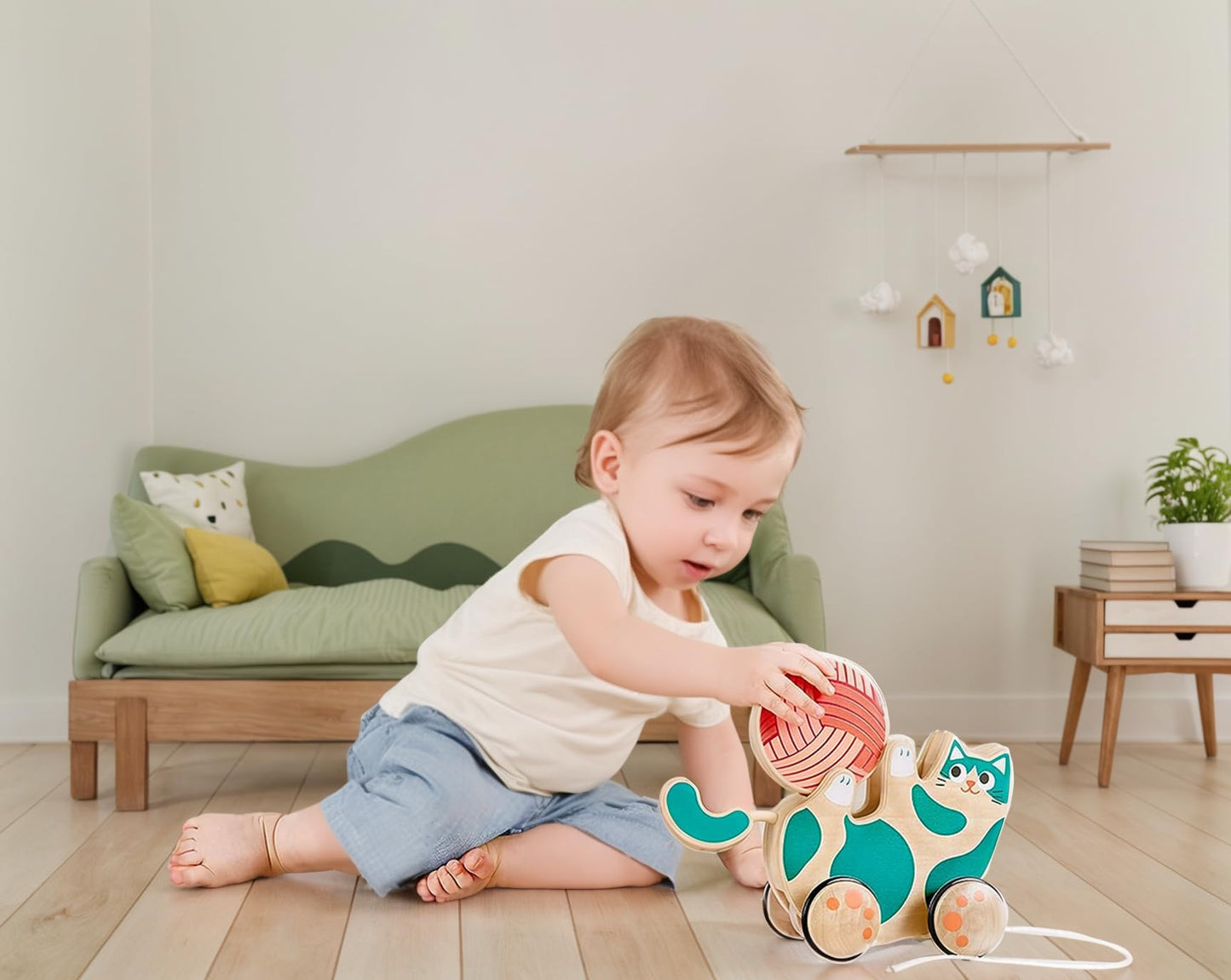 Hape Wooden Walk-A-Long Kitten Pull Toy| Roll & Rattle Push Pull Toy for Toddler| Montessori Toys for Walking Toddlers, Green