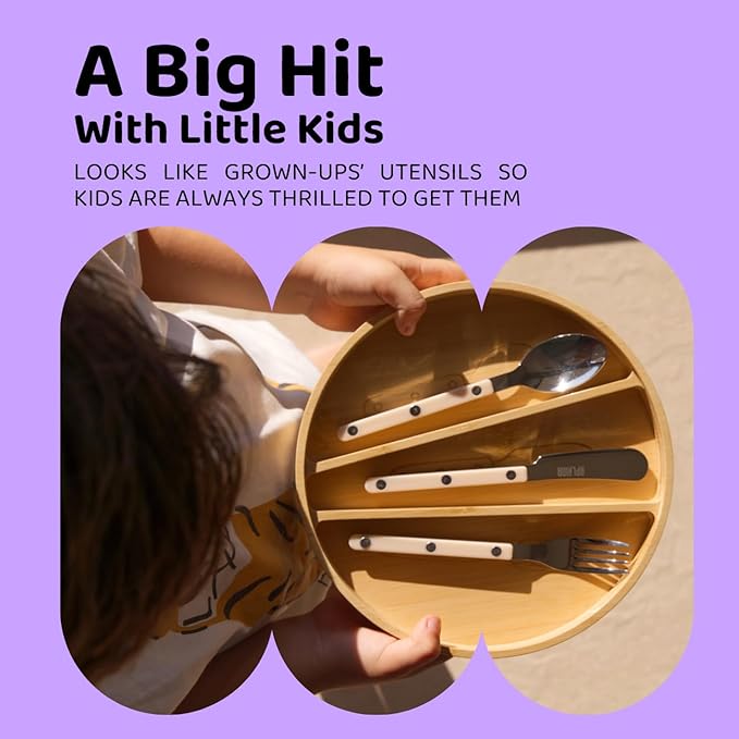 APLAINR Kids Silverware Set, Stainless Steel Toddler Silverware with Bamboo Organizer, Montessori Kids Utensils, 10 Piece Cutlery Set with Forks, Spoons & Knives, Children Safe Metal Flatware